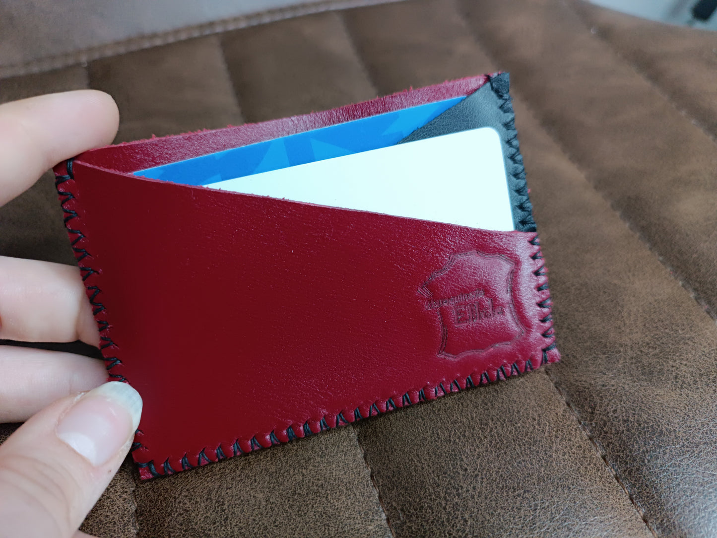 Porte-cartes Artisanaux en cuir véritable Rouge Carmin Bicolores