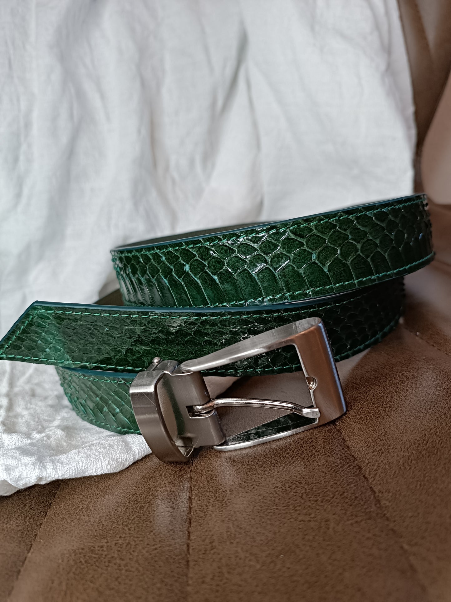 Ceinture en cuir véritable de serpent Vert sapin