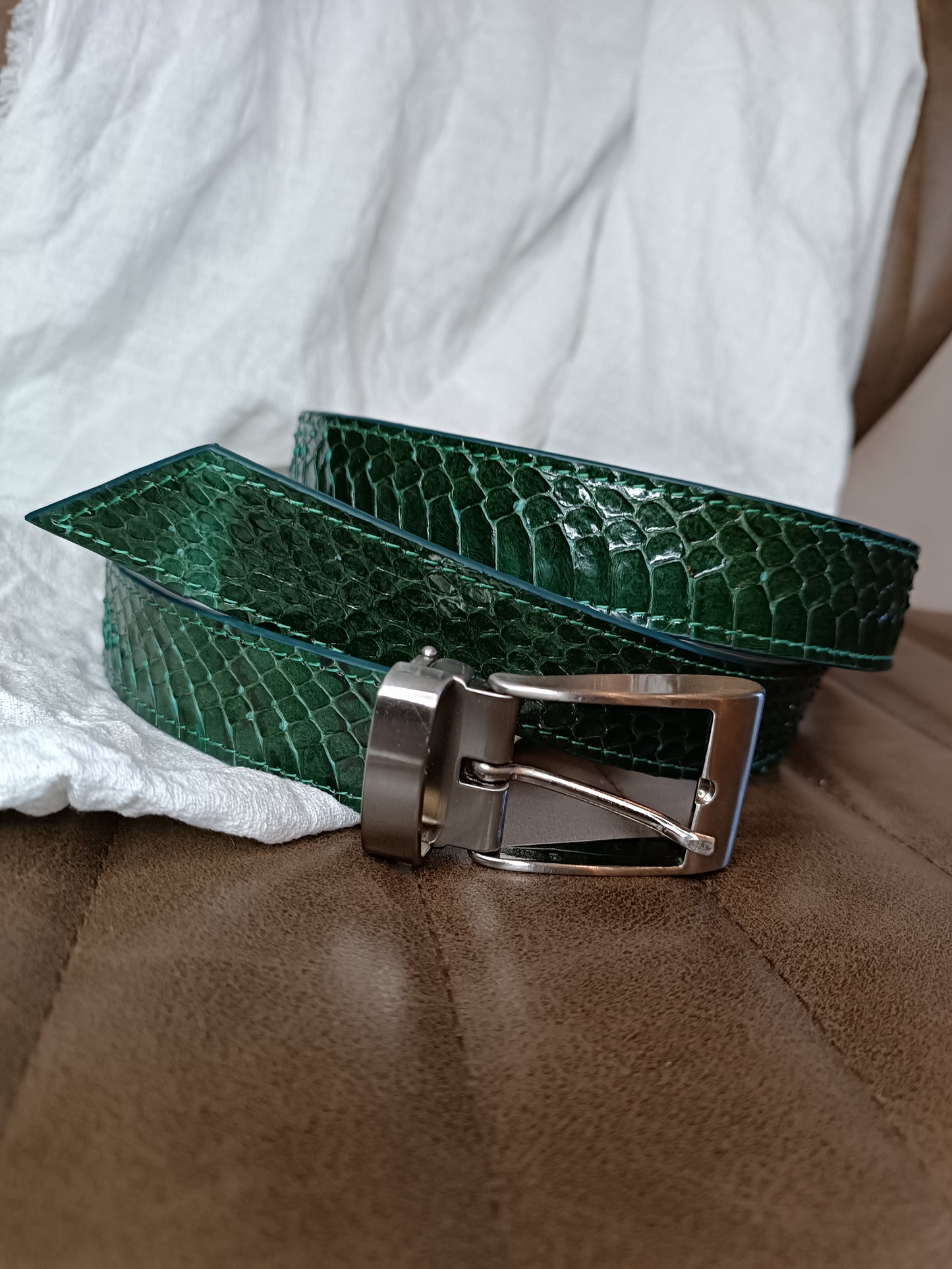 Ceinture en cuir véritable de serpent Vert sapin