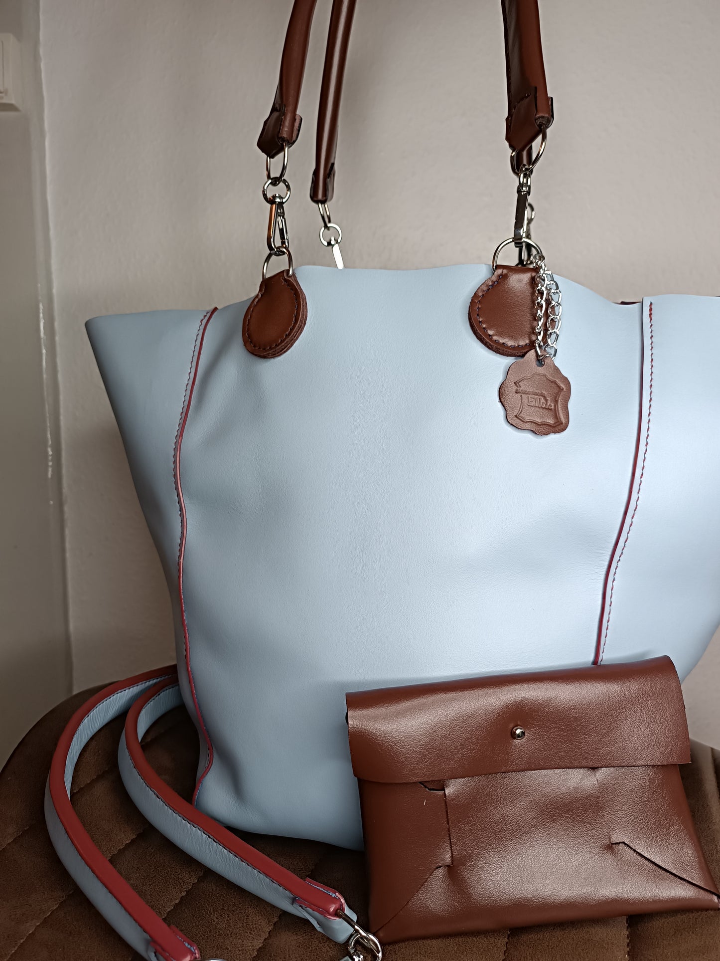 Sac cabas "St Tropez" Bleu Pastel / Lie de vin